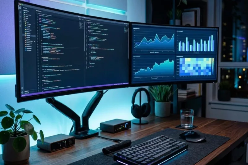Estación de trabajo con dos monitores que muestran código y paneles de indicadores